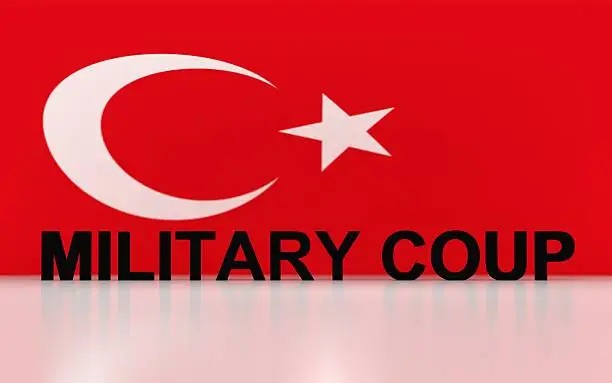 3D rendered signs, turkey flag symbols and write military coup.