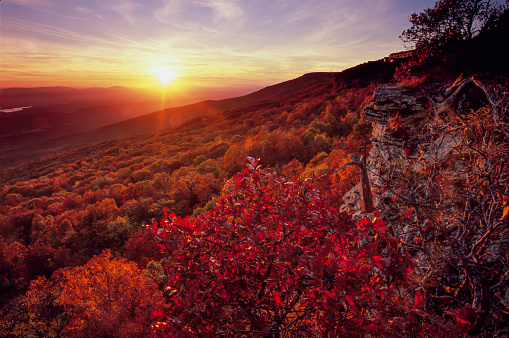 This landscape was made at sunset on Mount Magazine, Arkansas' highest mountain at 2,753 feet. A brilliant red blackjack oak is in the foreground and the Mount Magazine State Park Lodge is in the background in the upper right.