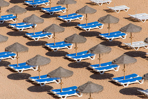 istock Tanning beds with parasols on a sandy beach 576738928