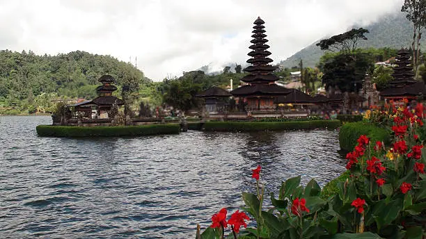 View Of Water,Flower And Pura Ulun Danu Temple In Bali Indonesia Southeast Asia