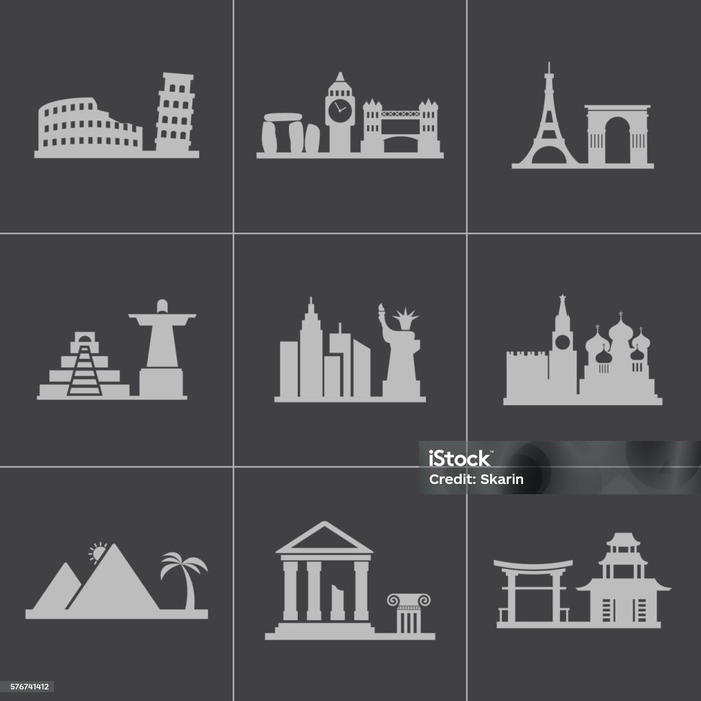 Vector black landmarks icons set Vector black landmarks icons set on grey background Arranging stock vector