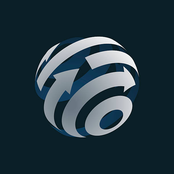 abstrakte globus logo element. rotierende pfeile. - connection in a row striped globe stock-grafiken, -clipart, -cartoons und -symbole