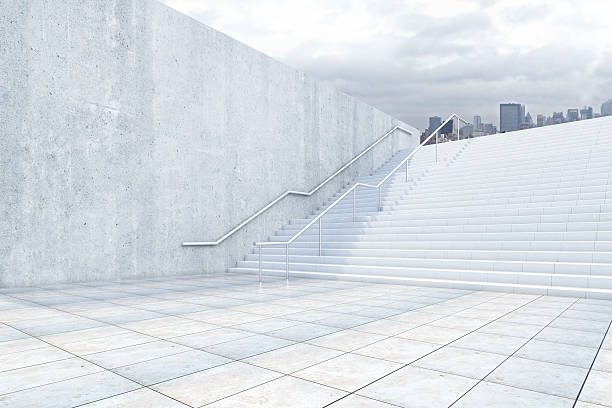 Side view of concrete stairs leading to city. Success concept. 3D Rendering