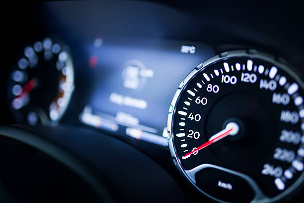 Modern Car Speedometer Modern Car Speedometer dashboard close up speedometer odometer stock pictures, royalty-free photos & images