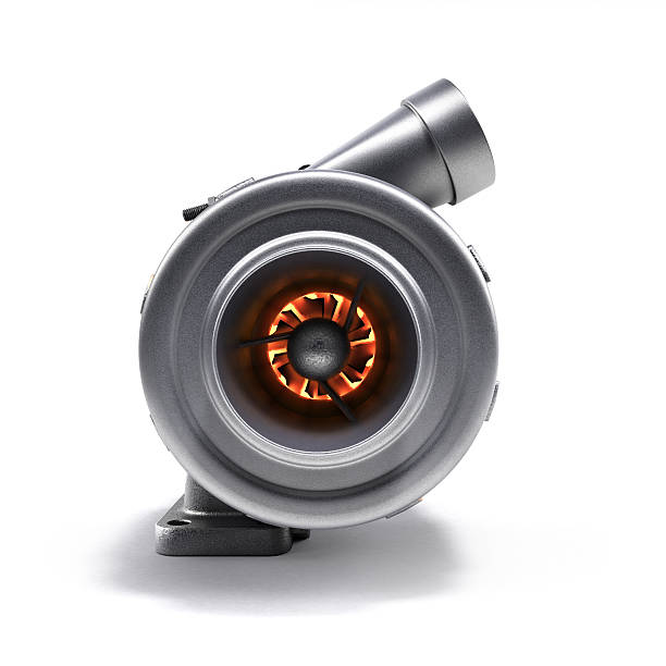 automotive turbocharger turbine 3d render on white - turbo diesel imagens e fotografias de stock