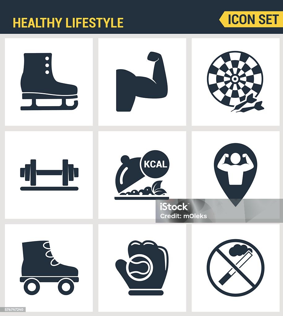 Icons set premium quality of healthy lifestyle icon  collection gym Icons set premium quality of healthy lifestyle icon set collection gym rollers baseball fitness sport. Modern pictogram collection flat design style symbol collection. Isolated white background. Activity stock vector