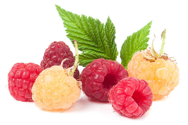istock red and yellow raspberries with leaves on a white background 576749382