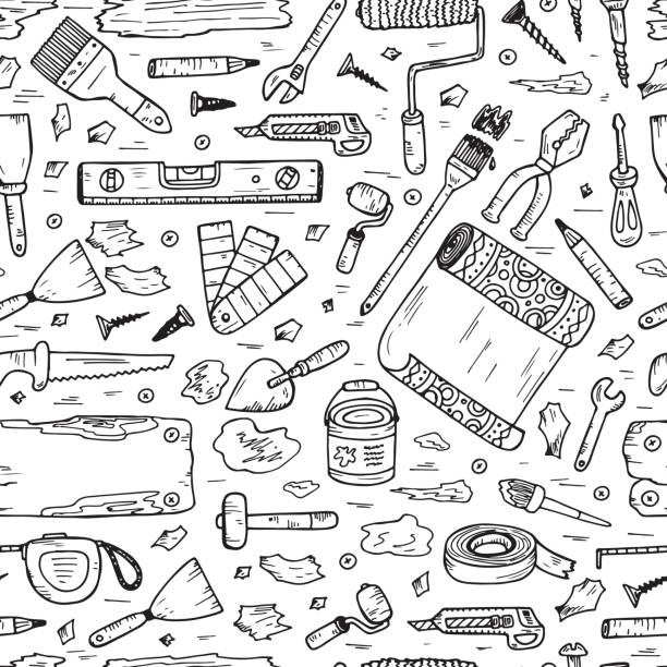 Doodle House repair Tools. Home improvement Seamless pattern. Housework. House repair tools vector set. Home improvement icons. Hand Drawn Doodle Tools. Housework. drawing of hand tool stock illustrations