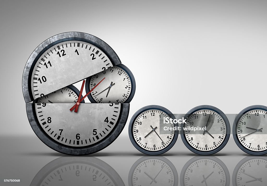 Making Time Making time and multitasking concept as a symbol for increase of business efficiency and working hours or busy growing work schedule management as an open clock releasing smaller clocks as a 3D illustration. 24 Hrs Stock Photo