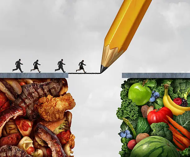 Changing to vegan and making a transition to vegetarian eating lifestyle as a group of overweight people running across a pencil drawing bridge from meat and greasy junk food towards fresh fruit and vegetables with 3D illustration elements.