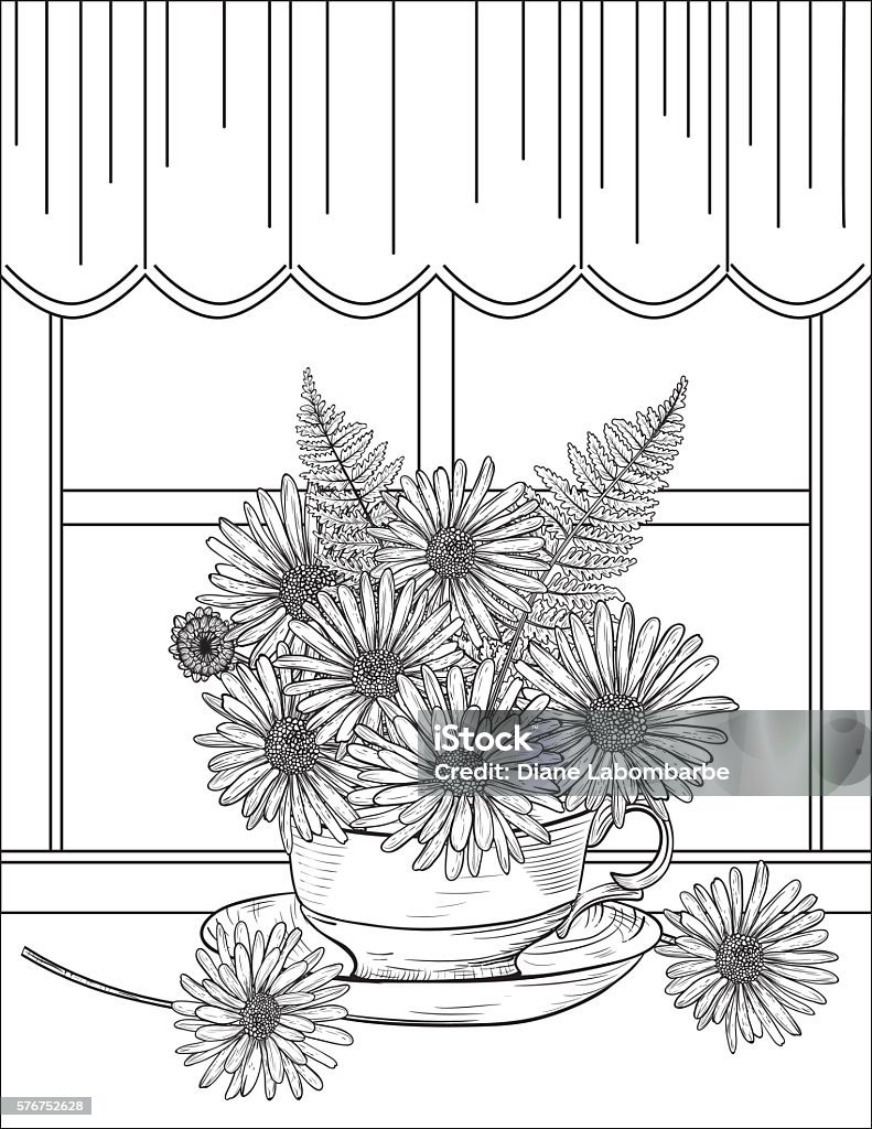 Flowers and Tea Adult Coloring Page. Flowers and Tea Adult Coloring Page.  Cute tea time colouring page. Teacup and flowers sitting in front of a kitchen window. Adult stock vector