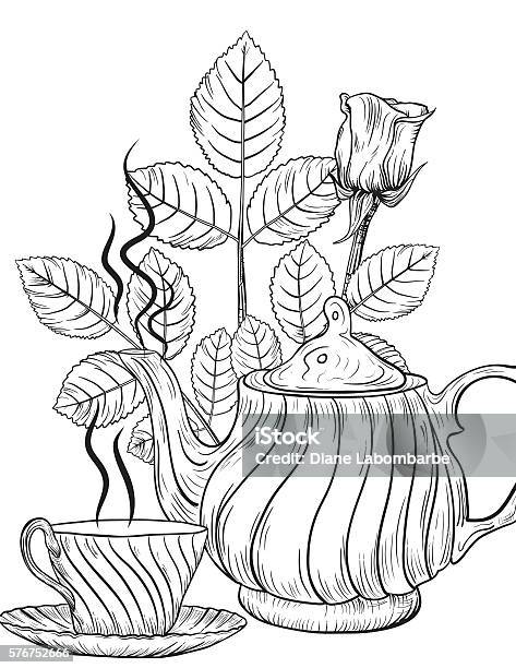 Flowers And Tea Adult Coloring Page Stock Illustration - Download Image Now - Illustration, Coloring, Adult