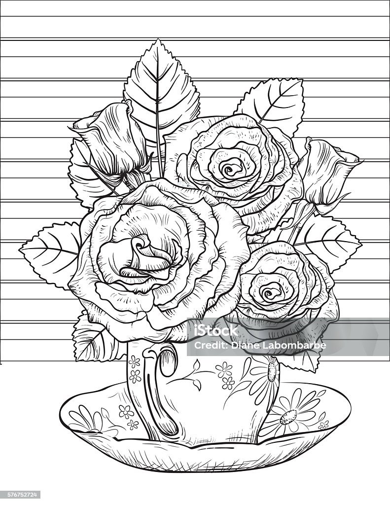 Flowers and Tea Adult Coloring Page. Flowers and Tea Adult Coloring Page.  Cute tea time colouring page. Stacked teacups and flowers sitting in front of a kitchen window. Adult stock vector