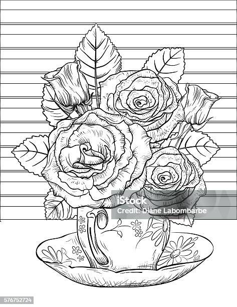 Flowers And Tea Adult Coloring Page Stock Illustration - Download Image Now - Adult, Coloring Book Page - Illlustration Technique, Coloring