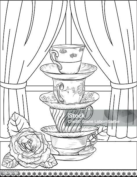 Flowers And Tea Adult Coloring Page Stock Illustration - Download Image Now - Afternoon Tea, Old-fashioned, Floral Pattern