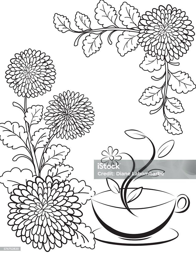 Flowers and Tea Adult Coloring Page. Flowers and Tea Adult Coloring Page.  Cute tea time colouring page. Teacup and chrysanthemum flowers. Coloring stock vector