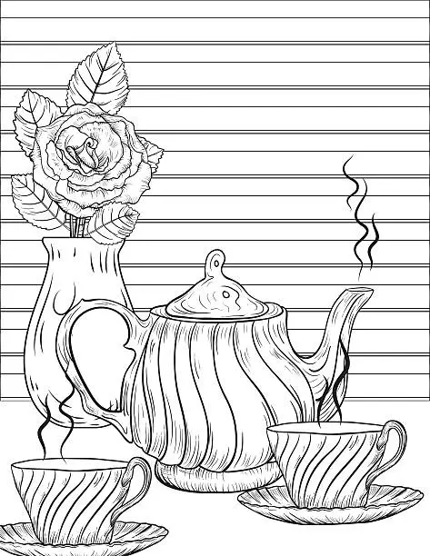 Vector illustration of Flowers and Tea Adult Coloring Page.