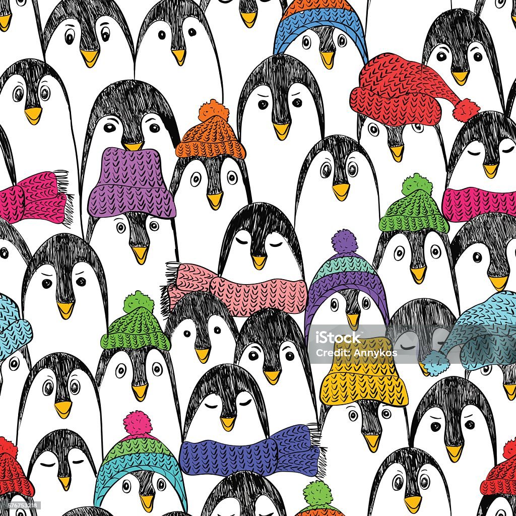 Funny Seamless Pattern With Penguins. Graphic seamless pattern with cute hand drawn penguins in colorful hats and scarfs. Funny penguin background. Animal stock vector