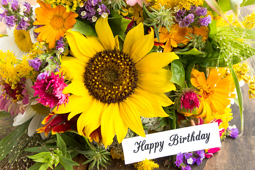Happy Birthday Card with Bouquet of Summer Flowers.