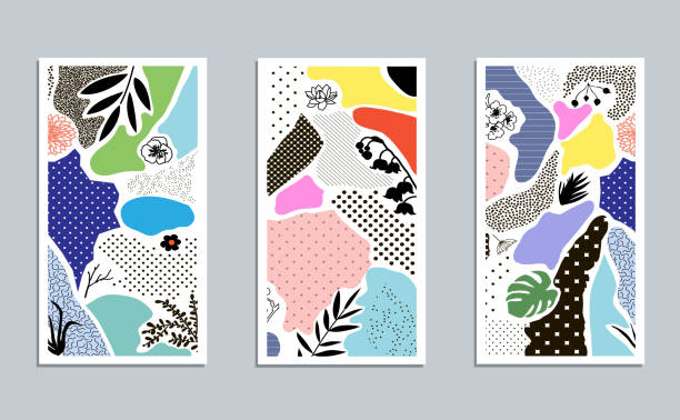 Collection of trendy creative cards with floral elements Collection of trendy creative cards with floral elements and different textures. Collage. Design for poster, card, invitation, cover, placard, brochure, flyer. Vector scrapbook stock illustrations