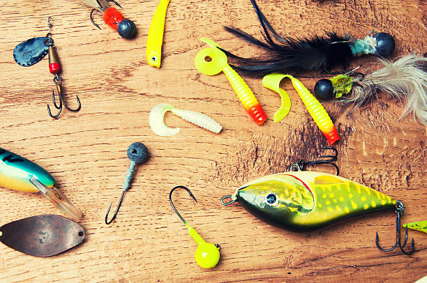 istock Fishing baits isolated on wooden background 576755906
