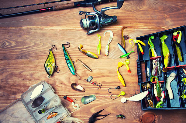 istock Fishing baits and rod isolated on wooden background 576756038