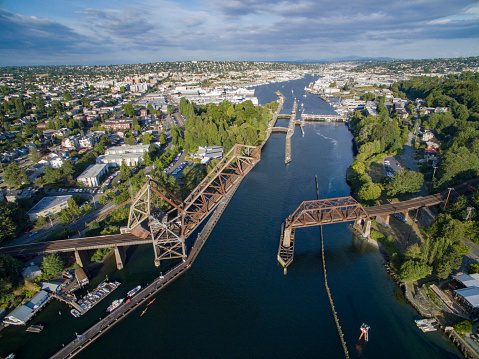 Aerial Overview of Ballard Neighborhood of Seattle, Washington, The Ballard Locks, Salmon Bay Bridge, Lake Washington Ship Canal and Fremont Cut