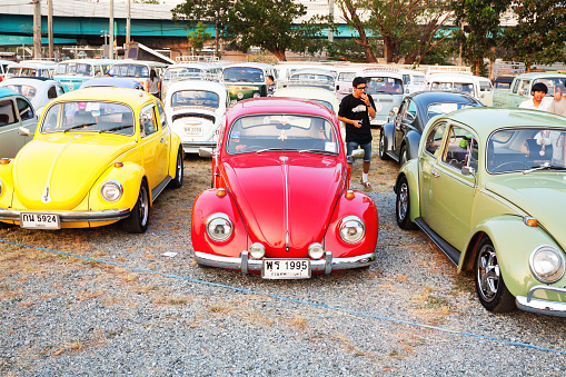 Felixstowe, Suffolk, England - August 29, 2015:  Classic  Beige  VW Beetle Motor Car Parked on Seafront Promenade.