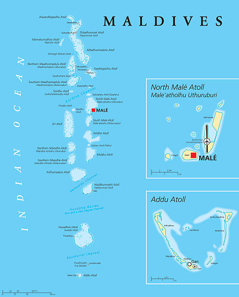 Maldives Political Map Maldives political map with capital Male on Kings Island and important towns. Republic and island country in the Indian Ocean. A chain of twenty six atolls. English labeling. Detailed Illustration. atoll stock illustrations