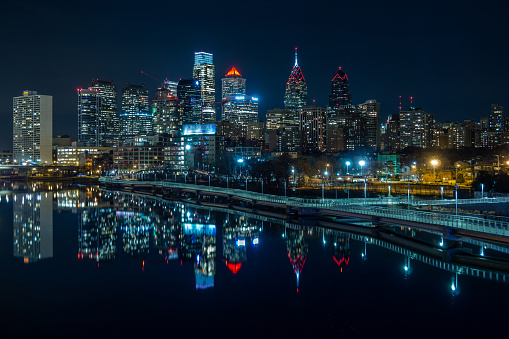 Philadelphia Skyline with water mirrored reflection at night
