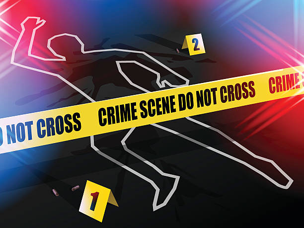 ilustrações de stock, clip art, desenhos animados e ícones de crime scene do not cross, with chalk outline of victim. - killing