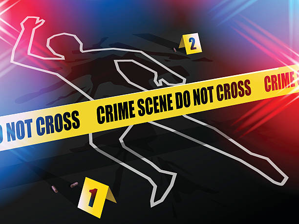 Crime scene Do not cross, with Chalk outline of victim. Crime scene - Do not cross.  Chalk outline of murdered victim of Gun Violence on the road with Evidence cards placed next to bullet casings. Blue & red police lights flashing around. killing stock illustrations
