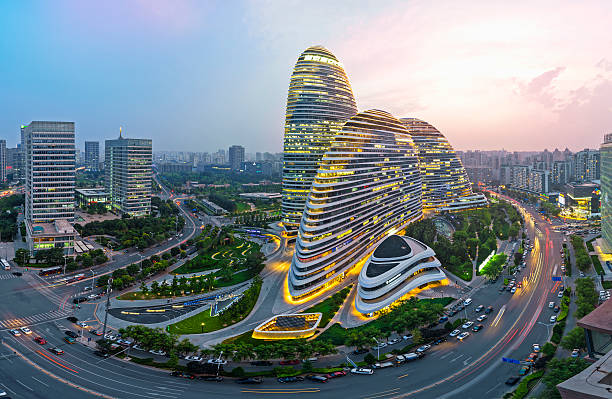 beijing skyline bei sonnenuntergang - poking stock-fotos und bilder