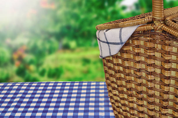 istock Picnic Basket On The Table With Blue Checkered Tablecloth 576902688