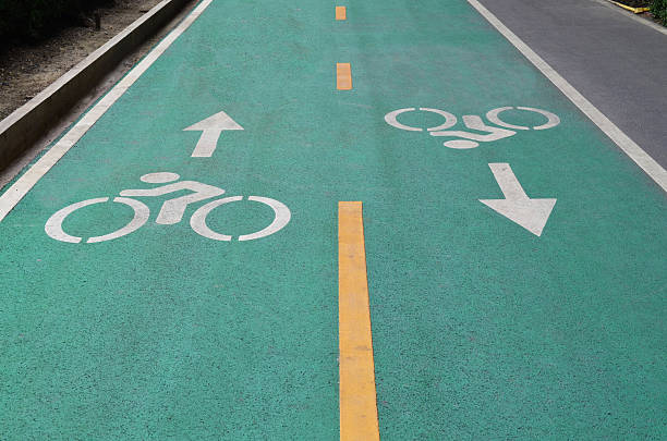 istock Green bicycle lane on asphalt road 576903074