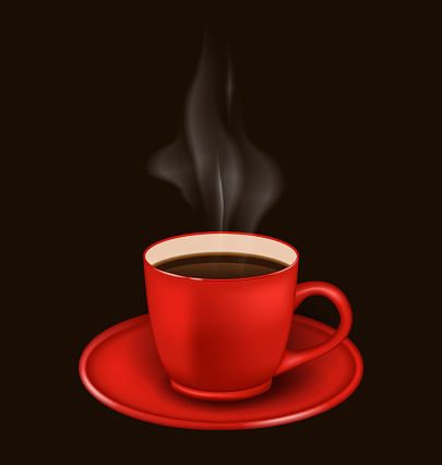Illustration isolated realistic red coffee mug with vapor on black background -  vector
