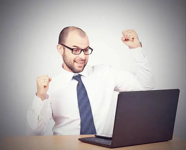 Photo of Funny photo of businessman bald with beard wearing shirt