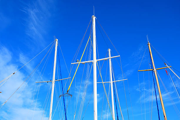 Looking up the mainmasts and blue sky background, around port. Looking up the mainmasts and blue sky background, around port. gaff rigged stock pictures, royalty-free photos & images