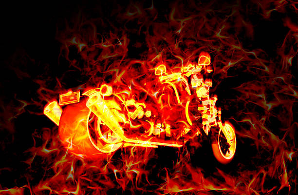 istock Fiery burning motorbike with flames, over a dark background 576905684