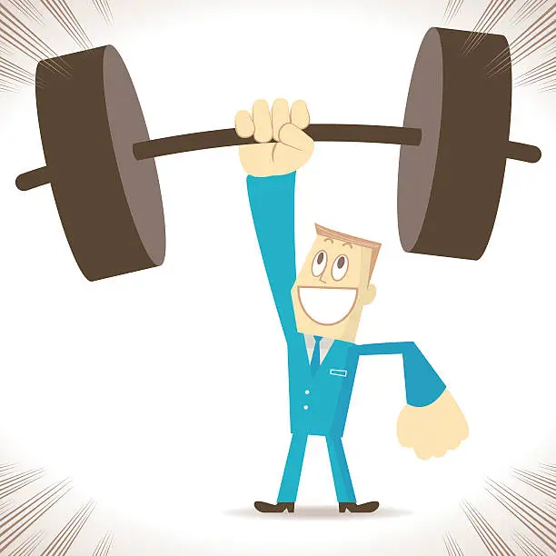 Vector illustration of Weightlifting, strong businessman (elite) lifting heavy weight by one hand