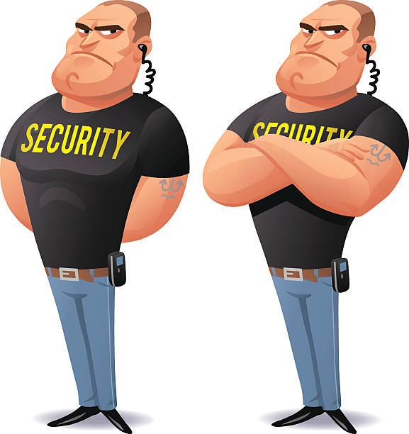 Security Guard Vector illustration of a large security guard or bouncer in a black T-shirt with the word "Security", having his arms crossed, looking at the camera, isolated on white.  bouncer security staff stock illustrations