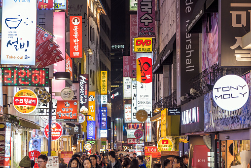 Seoul, South Korea - NOV 9: Myeong-Dong Neon Lights in Seoul, South Korea. The location is the premiere district for shopping in the city on November 9, 2014