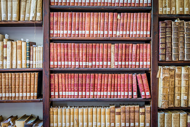 istock Old books on wooden shelves 576908438