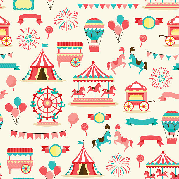 seamless pattern - vintage carnival seamless pattern with vintage carnival elements ferris wheel stock illustrations