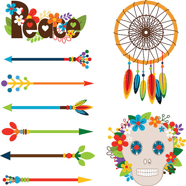 ilustraciones, imágenes clip art, dibujos animados e iconos de stock de conjunto de elementos hippies o boho - dreamcatcher symbol mystery catching