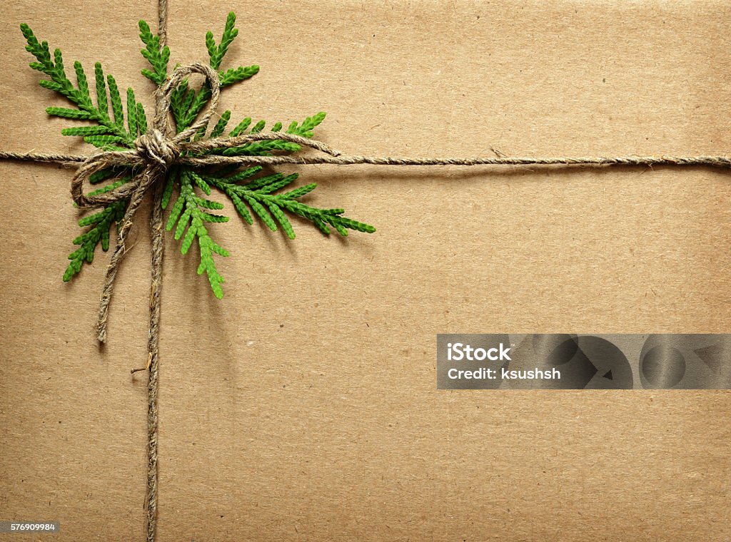 Cardboard tied with green twigs and rope. Brown cardboard tied with green twigs and rope. Chrisrmas present. Christmas Stock Photo
