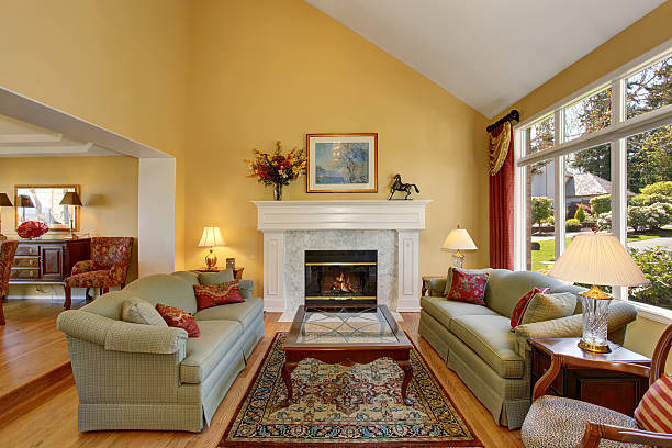 istock Elegant living room interior. Gray sofas with pillows and fireplace 576912468