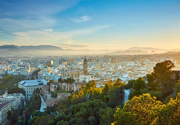 Aerial view of Malaga in sunset lights. Spain stock photo