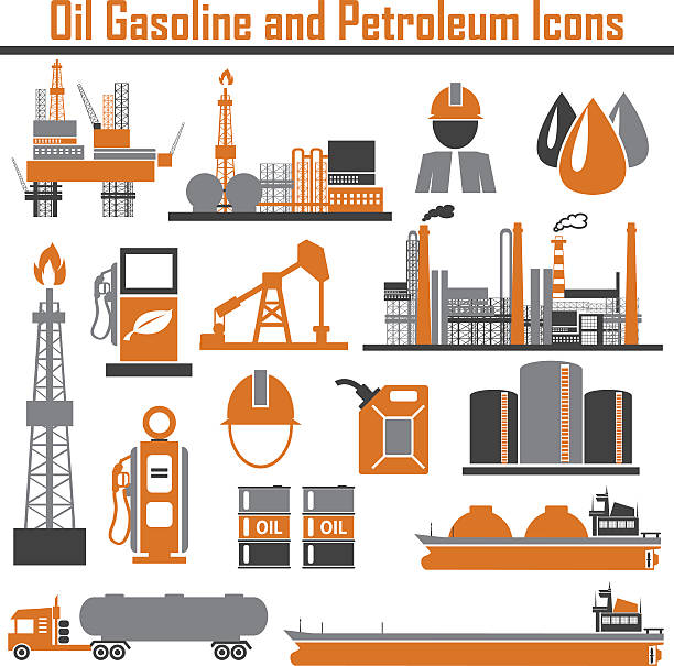 illustrazioni stock, clip art, cartoni animati e icone di tendenza di concept concept della piattaforma petrolifera con icone piatte di petrolio isolat - gasoline electricity biofuel car