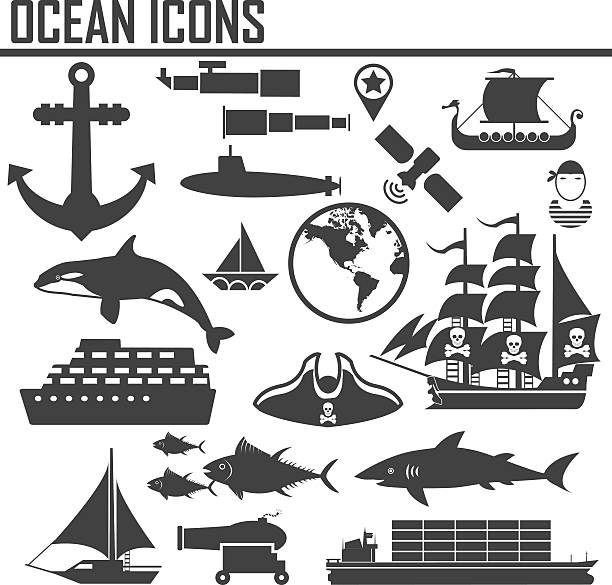 ilustrações, clipart, desenhos animados e ícones de ícones náuticos e marinhos do oceano - vela peça de embarcação